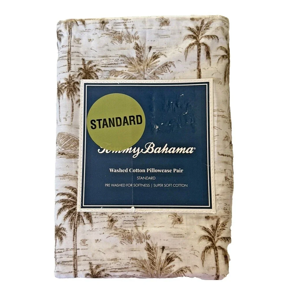 Tommy Bahama Surfside Brown Standard Pillowcases 100% Cotton Set of 2 Palm Trees